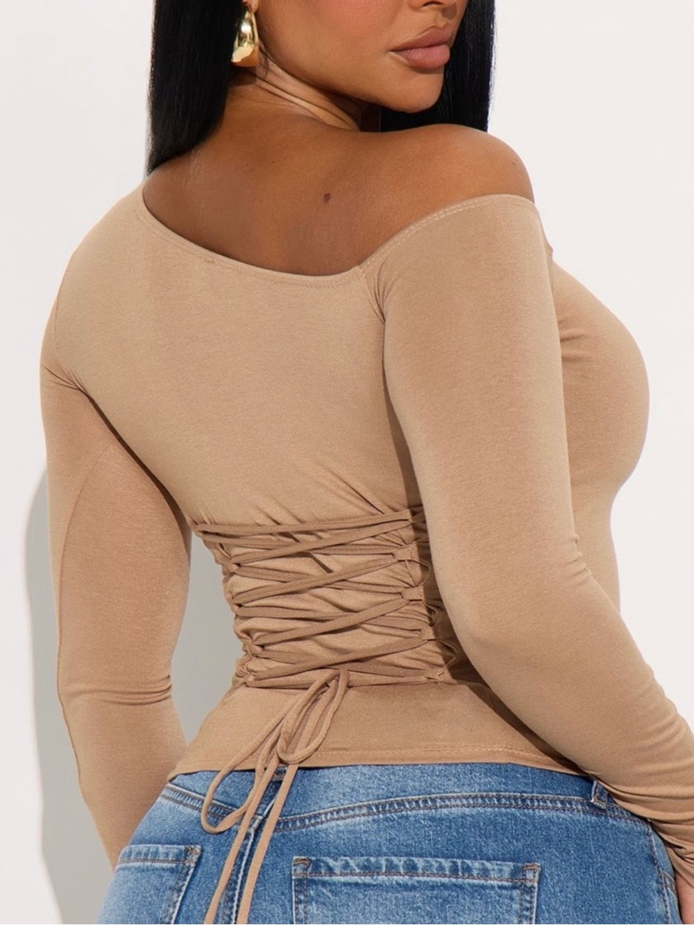 Fashion Nova Taupe Off-Shoulder Lace-Up Long Sleeve Top